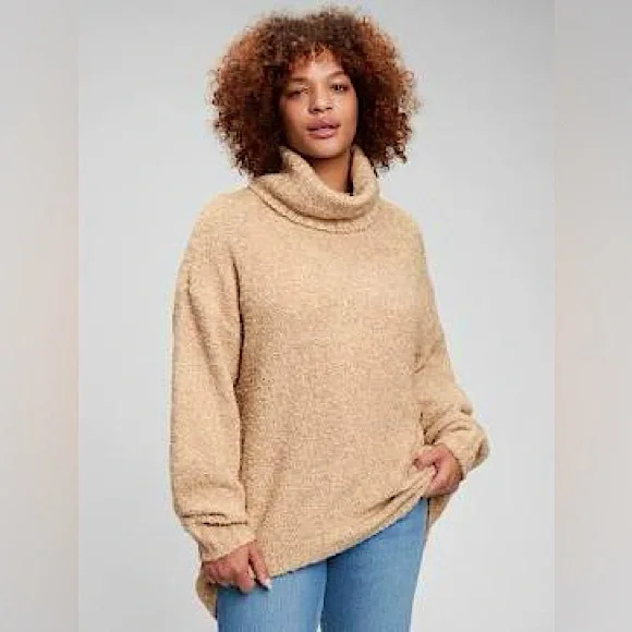 NWT GAP Cozy Boucle Turtleneck Tunic Sweater Wheat Beige L Cowl Neck Warm Knit - Picture 3 of 16